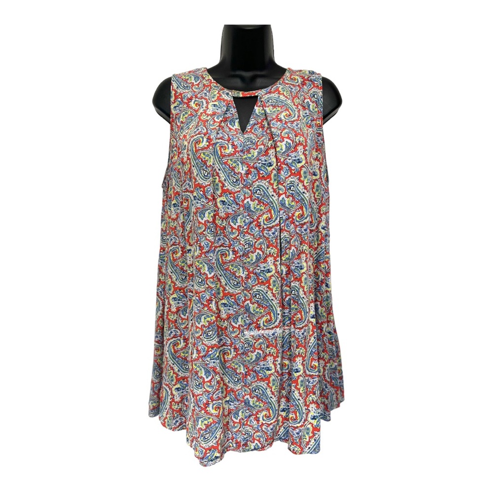Umgee Red & Blue Paisley Sleeveless Tunic Keyhole Top Size S